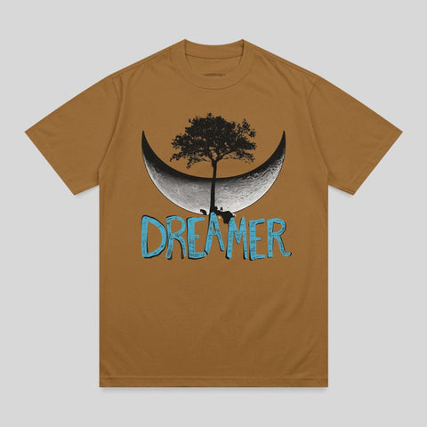 Brown t-shirt with a crescent moon, tree, and "DREAMER" text.
