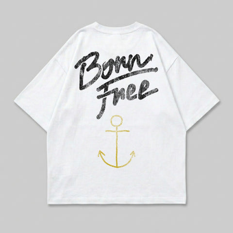 White t-shirt with "Born Free" text and gold anchor graphic.