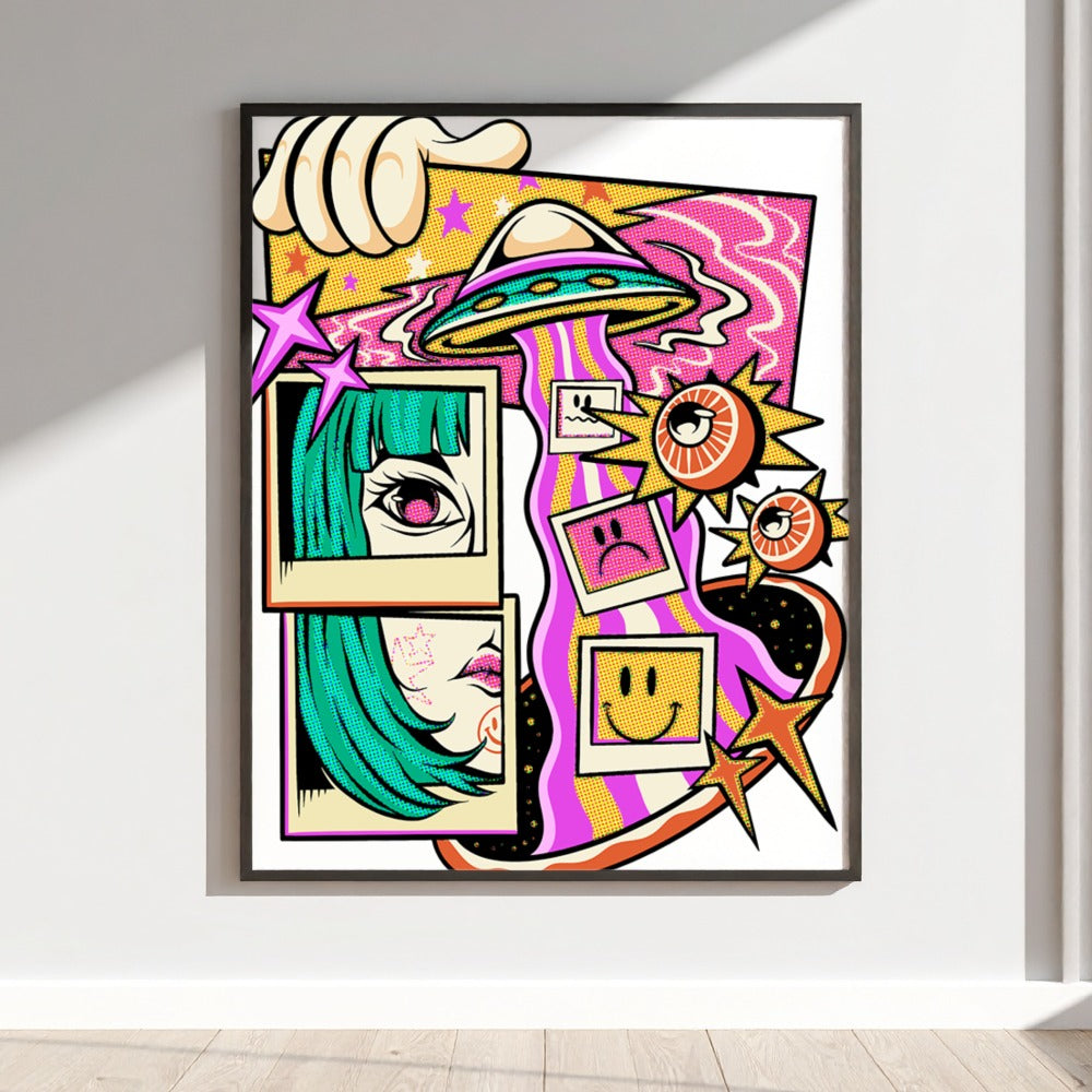 Colorful Pop Art UFO with Eyes and Stars Illustration Print
