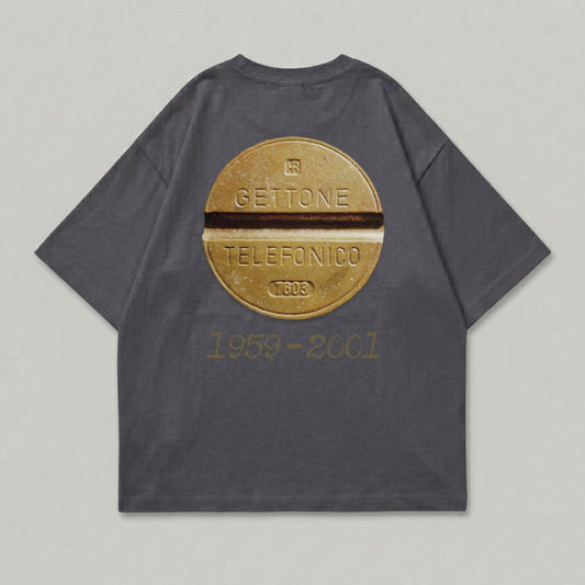 Gray t-shirt with a circular design featuring "GETTONE TELEFONICO 1959-2001".