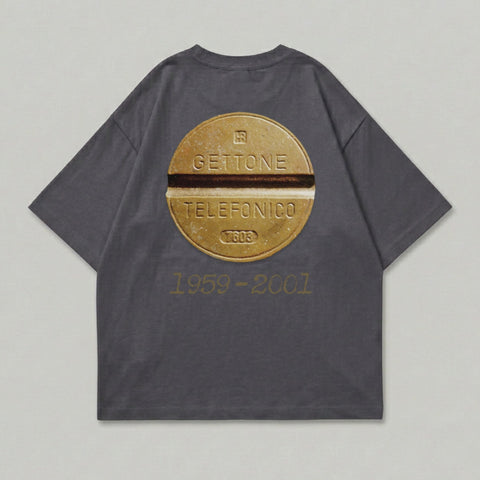 Gray t-shirt with a circular design featuring "GETTONE TELEFONICO 1959-2001".