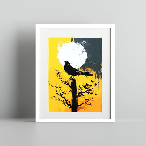 Bird Silhouette on Tree in Front of Moon Art Print