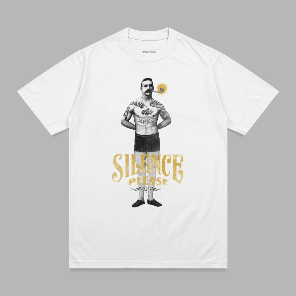 White t-shirt with vintage tattoo-style illustration of a man smoking a pipe.