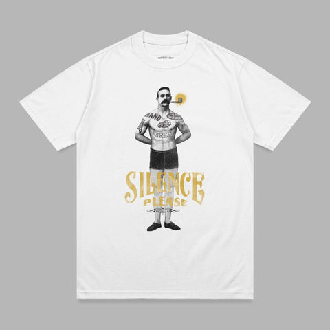 White t-shirt with vintage tattoo-style illustration of a man smoking a pipe.