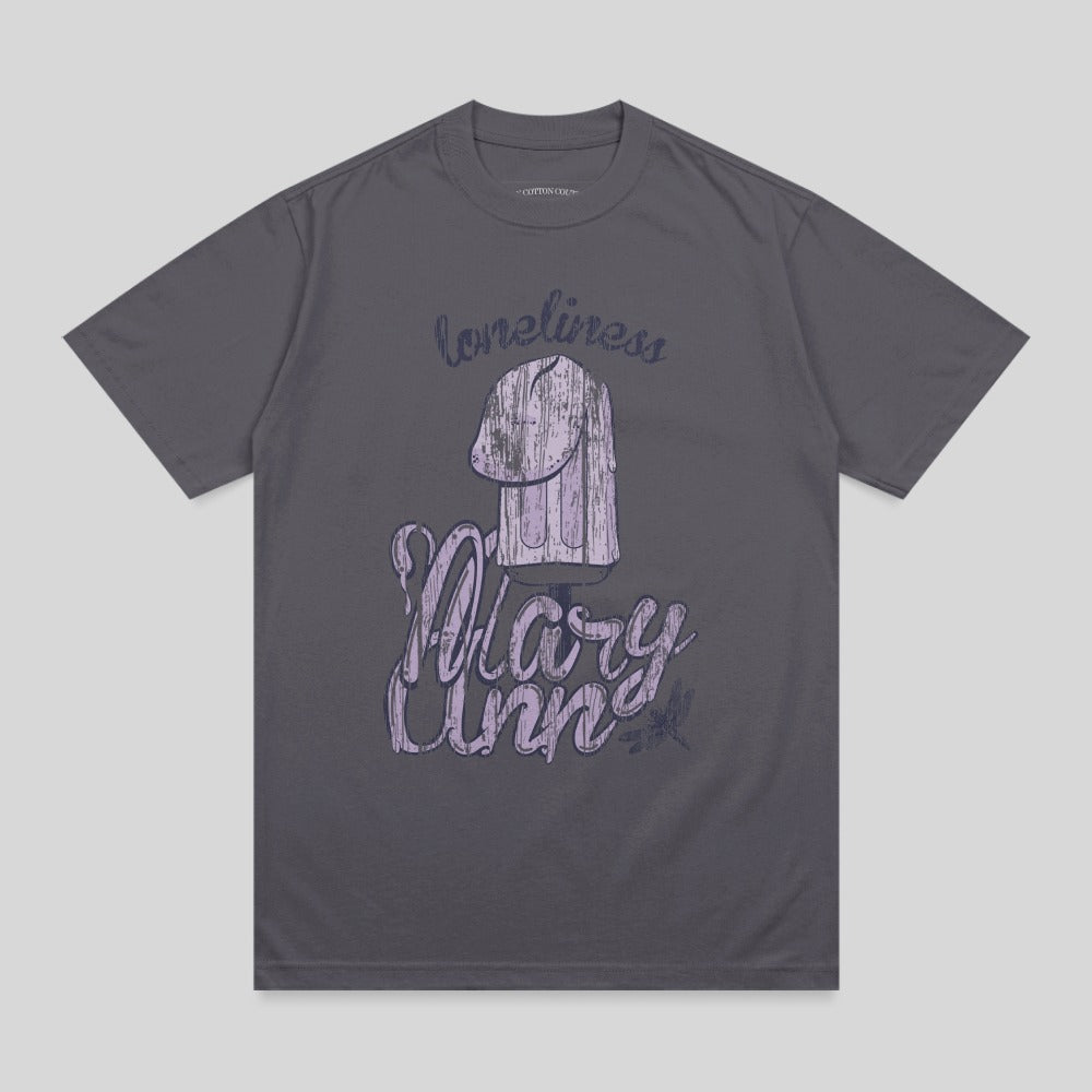 Grey t-shirt with "loneliness Mary Ann" text and a pastel figure.