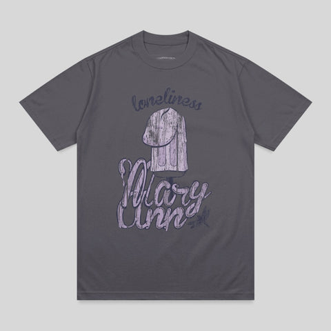 Grey t-shirt with "loneliness Mary Ann" text and a pastel figure.