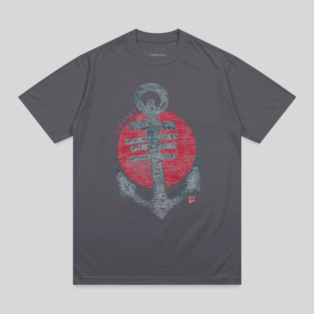 Dark gray t-shirt with a distressed anchor and red circle graphic.