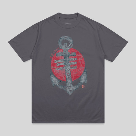 Dark gray t-shirt with a distressed anchor and red circle graphic.