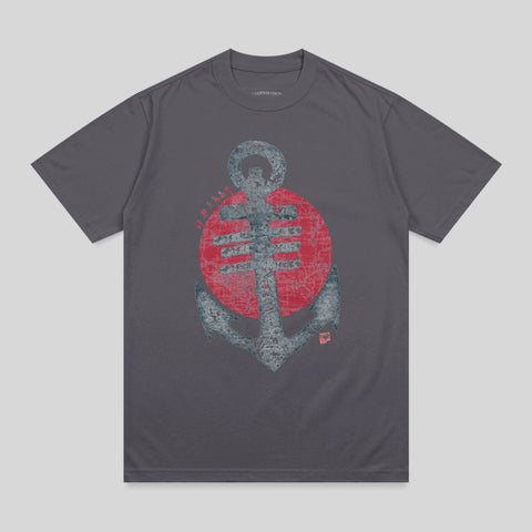 Dark gray t-shirt with a distressed anchor and red circle graphic.