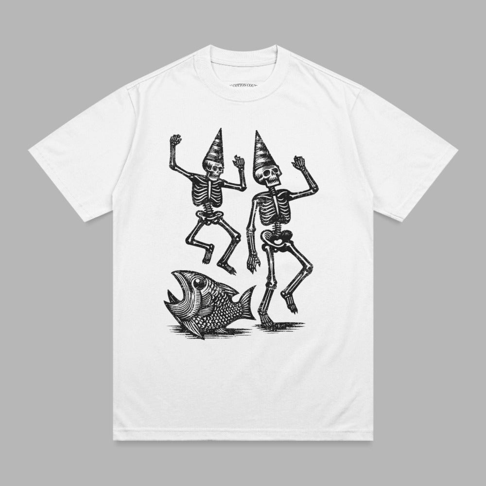 Two skeletons in party hats dance with a large fish.