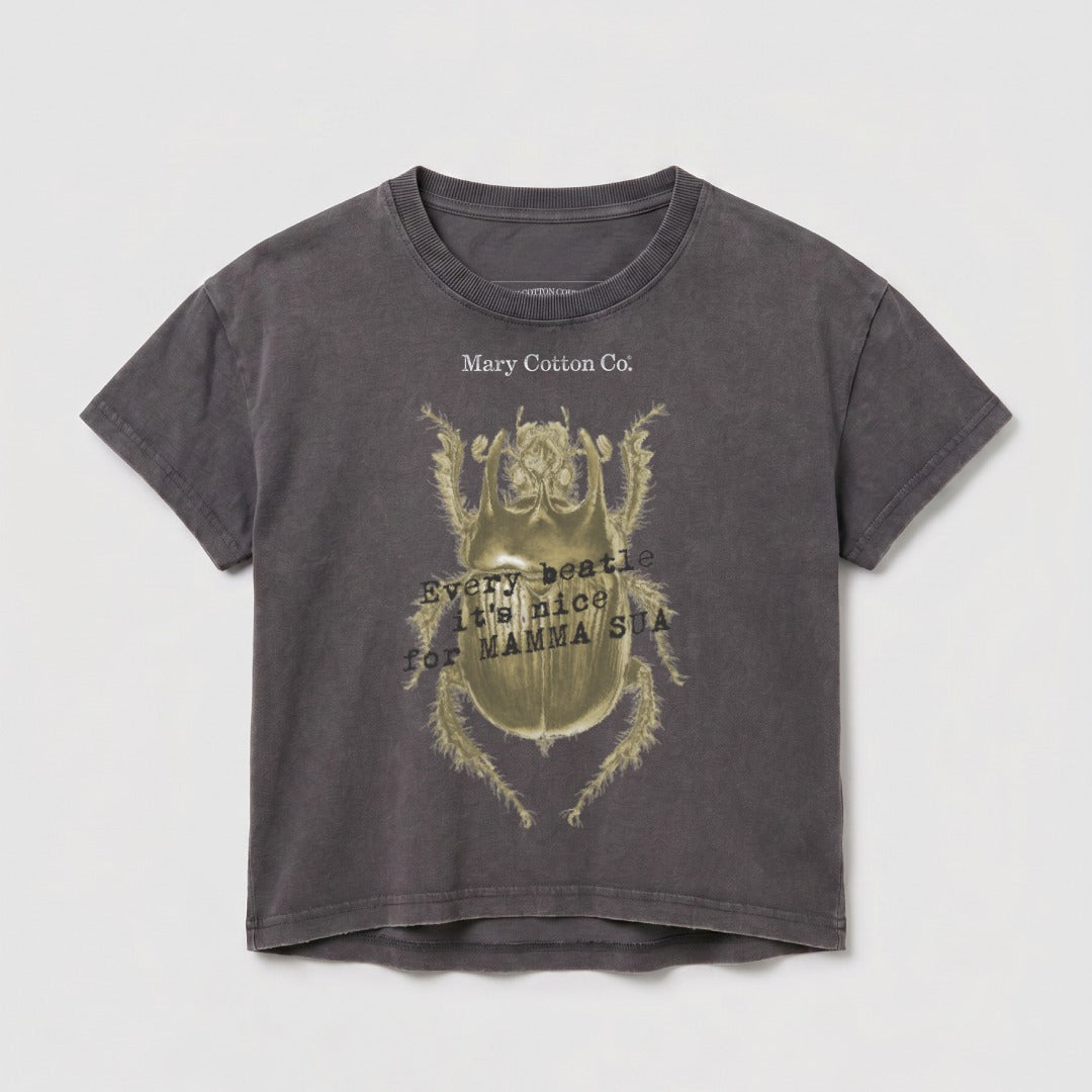 Dark grey t-shirt with a yellow beetle graphic and text.