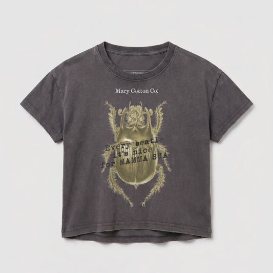 Dark grey t-shirt with a yellow beetle graphic and text.