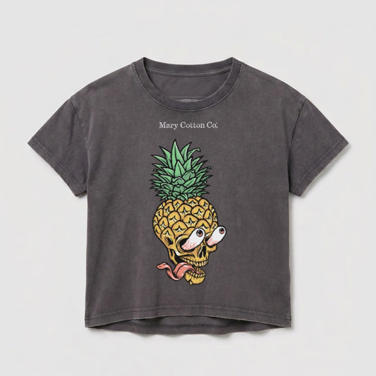 Gray t-shirt with psychedelic pineapple skull graphic and "Mary Cotton Co." text.
