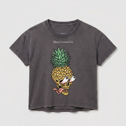 Gray t-shirt with psychedelic pineapple skull graphic and "Mary Cotton Co." text.