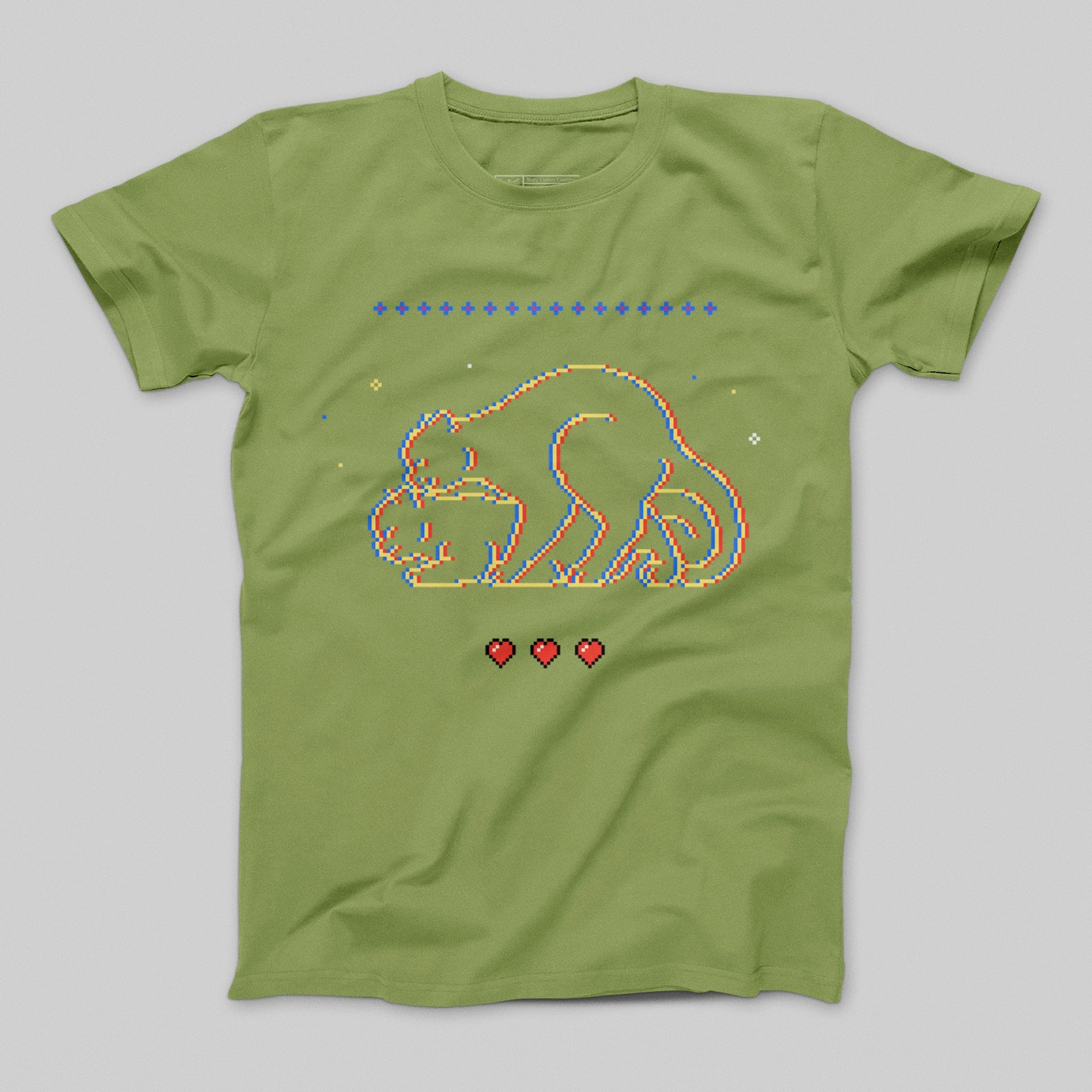 Pixel Art Cat Design Green T-Shirt Pixel Heart Elements