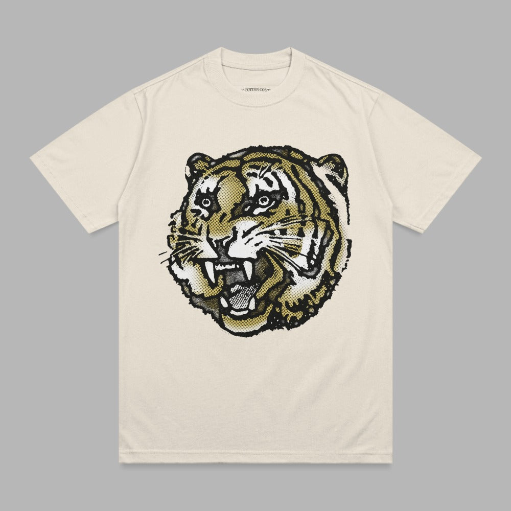 Cream t-shirt with a distressed tiger head graphic in black and gold.