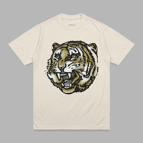 Cream t-shirt with a distressed tiger head graphic in black and gold.