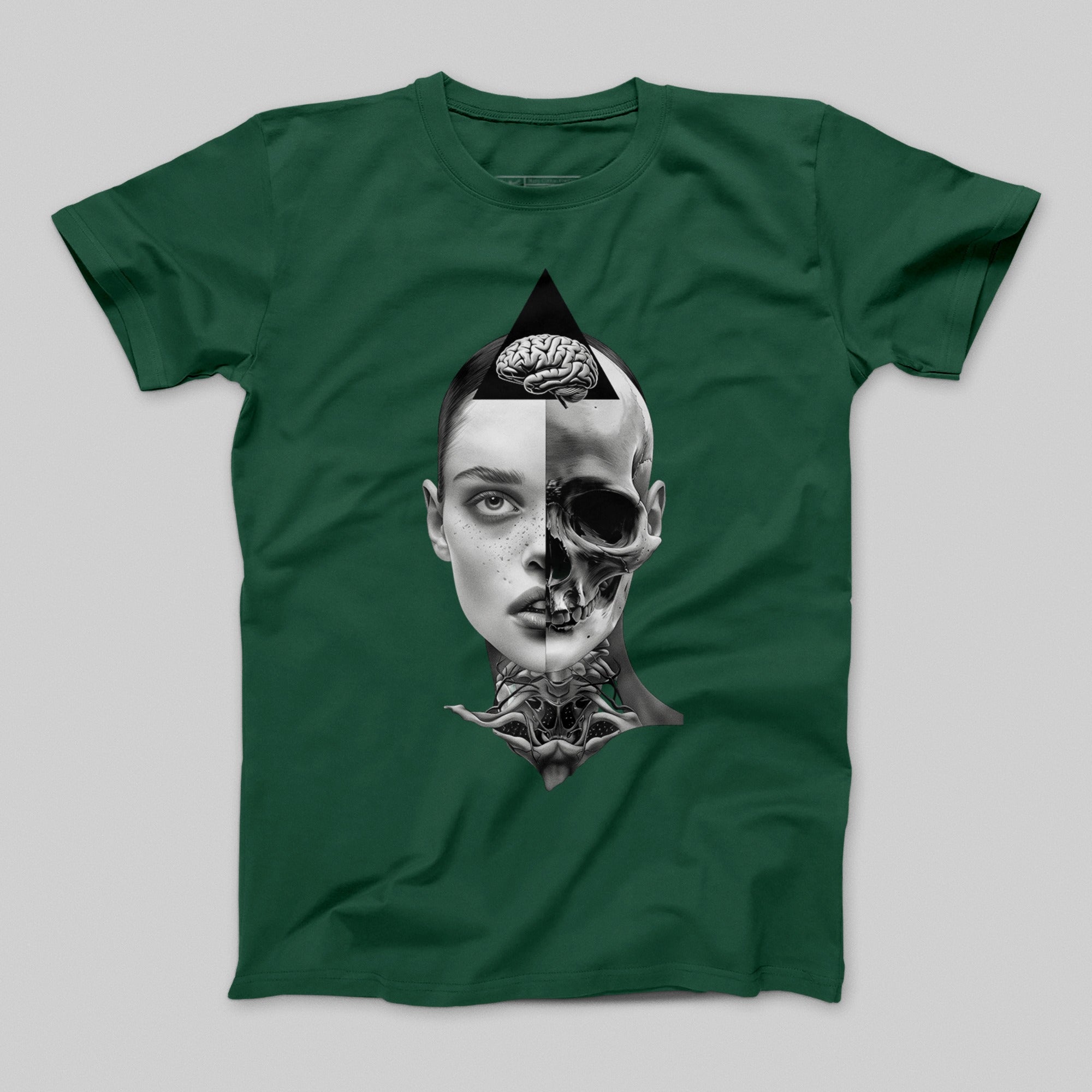 Half Face Skull Brain Artwork Green T-Shirt