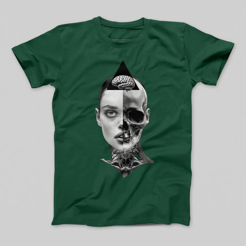 Half Face Skull Brain Artwork Green T-Shirt