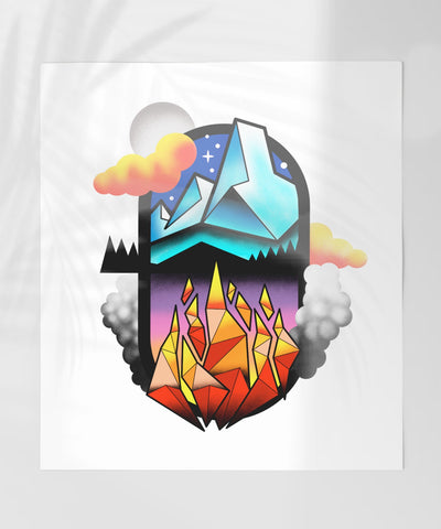 Vibrant Geometric Mountains and Fire Art Print
