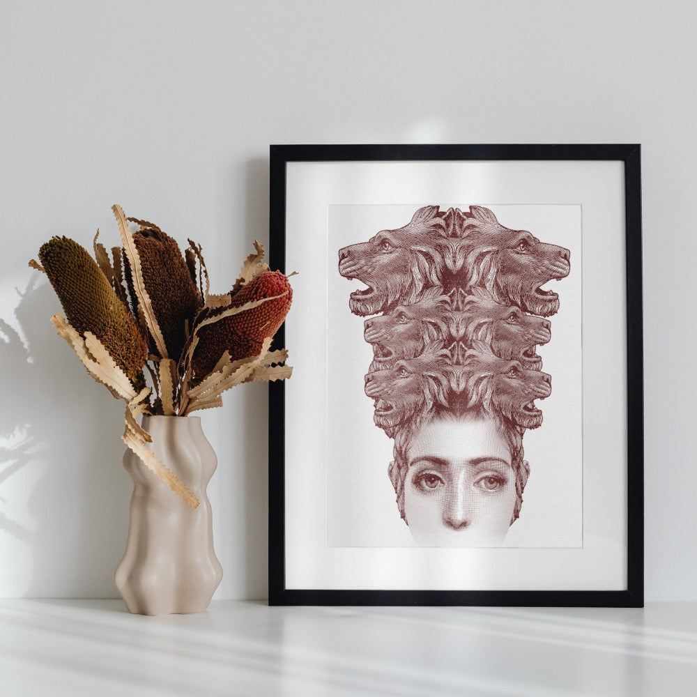 Intriguing Surreal Art Print with Wolf Heads Illustration