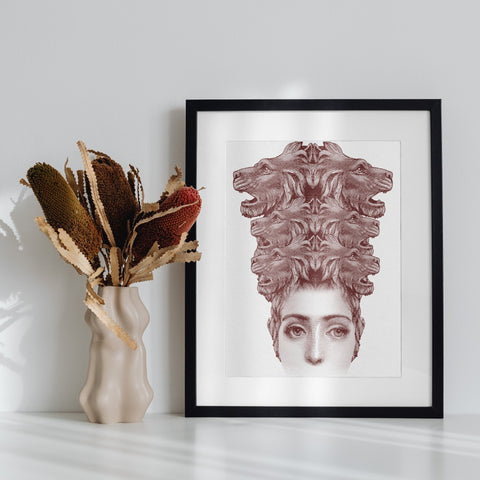 Intriguing Surreal Art Print with Wolf Heads Illustration