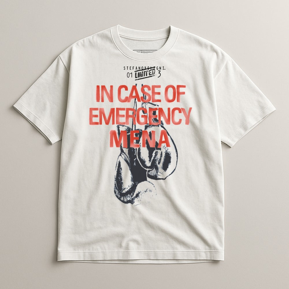White t-shirt with red "IN CASE OF EMERGENCY" and boxing gloves graphic.