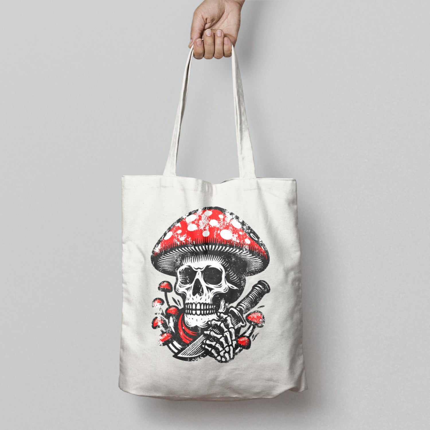 Skull and Mushroom Design Printed Tote Bag