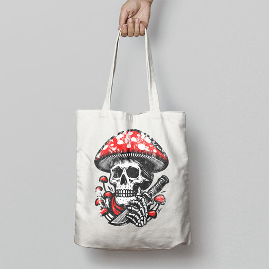 Skull and Mushroom Design Printed Tote Bag