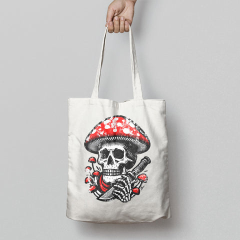 Skull and Mushroom Design Printed Tote Bag