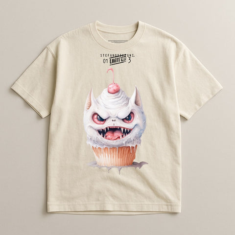 Cream cupcake with fanged monster face, cherry, and '01 LIMITED 3' text.