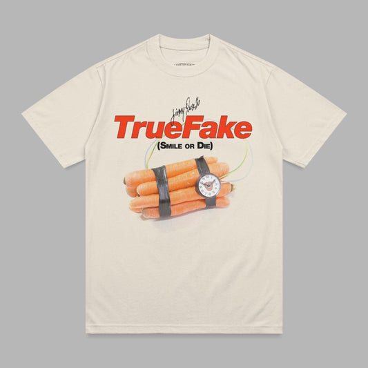 T-shirt with "TrueFake (Smile or Die)" text and a bomb made of carrots.