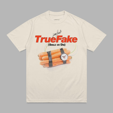 T-shirt with "TrueFake (Smile or Die)" text and a bomb made of carrots.