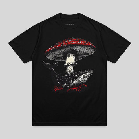 Black t-shirt with a red mushroom and a whale illustration.