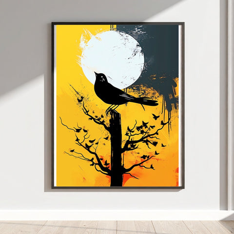 Silhouette Bird on Tree with Moon Wall Art Print