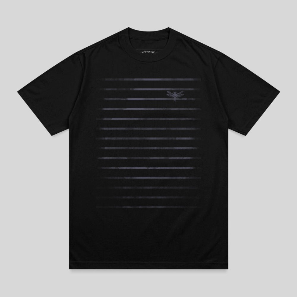 Black t-shirt with subtle horizontal stripes and a small dragonfly graphic.