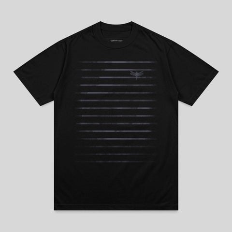 Black t-shirt with subtle horizontal stripes and a small dragonfly graphic.