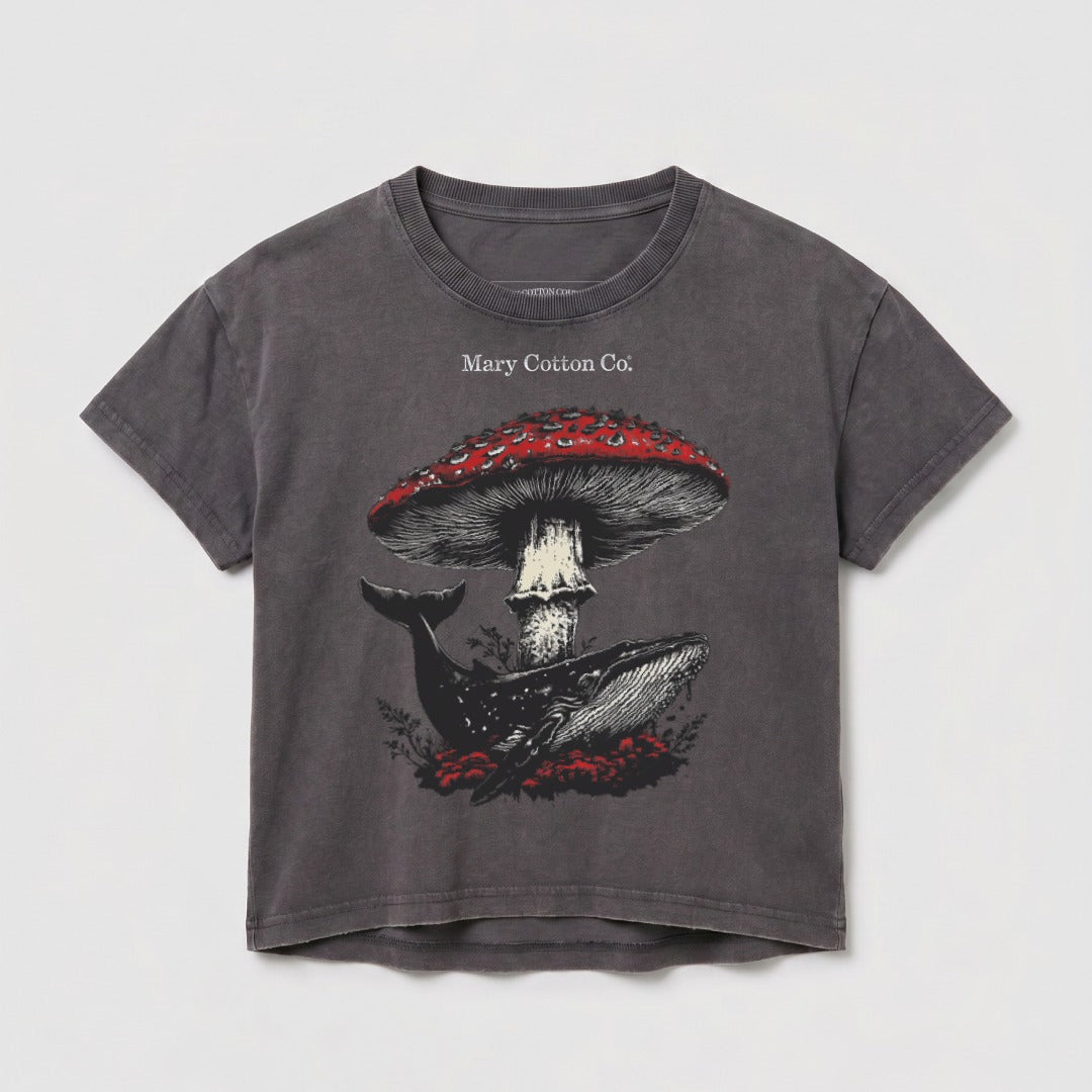Dark gray t-shirt with a mushroom and whale graphic, and "Mary Cotton Co." text.
