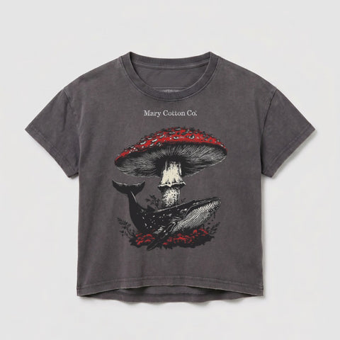 Dark gray t-shirt with a mushroom and whale graphic, and "Mary Cotton Co." text.