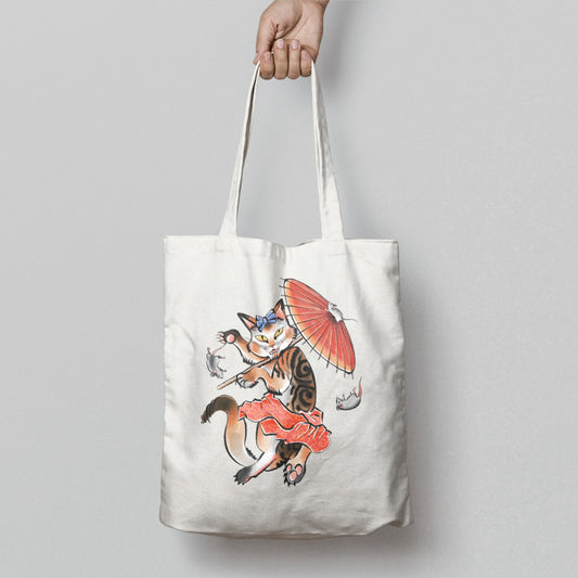 Playful Cat with Red Umbrella Design Tote Bag