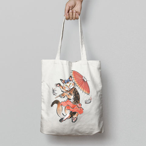 Playful Cat with Red Umbrella Design Tote Bag