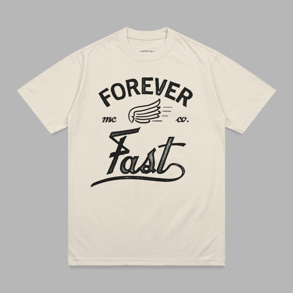 Cream t-shirt with "Forever Fast co." text and wings graphic.