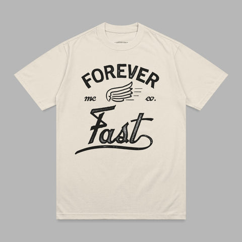 Cream t-shirt with "Forever Fast co." text and wings graphic.