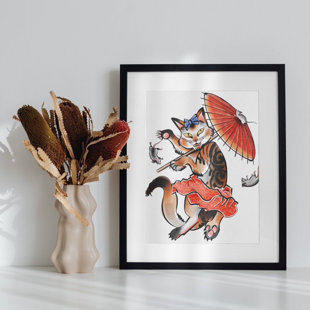 Playful Cat with Umbrella and Rats Framed Artwork
