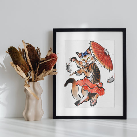 Playful Cat with Umbrella and Rats Framed Artwork