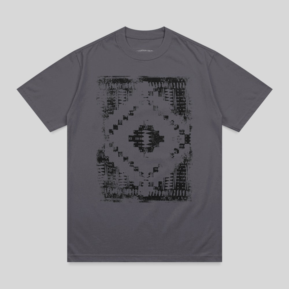 Dark grey t-shirt with a distressed geometric pattern design.