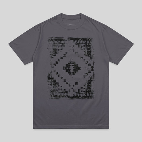 Dark grey t-shirt with a distressed geometric pattern design.