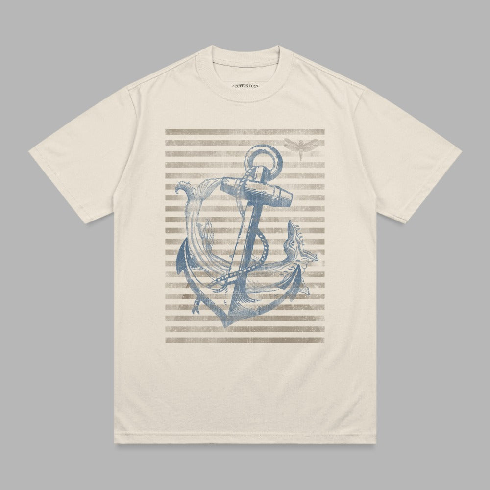 Anchor with dragonfly on striped t-shirt.