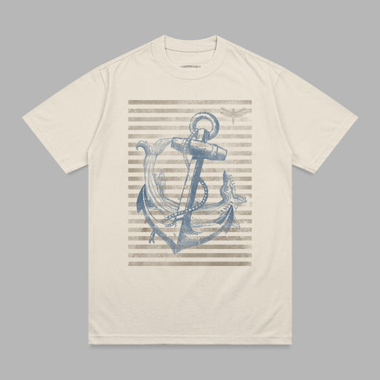 Anchor with dragonfly on striped t-shirt.