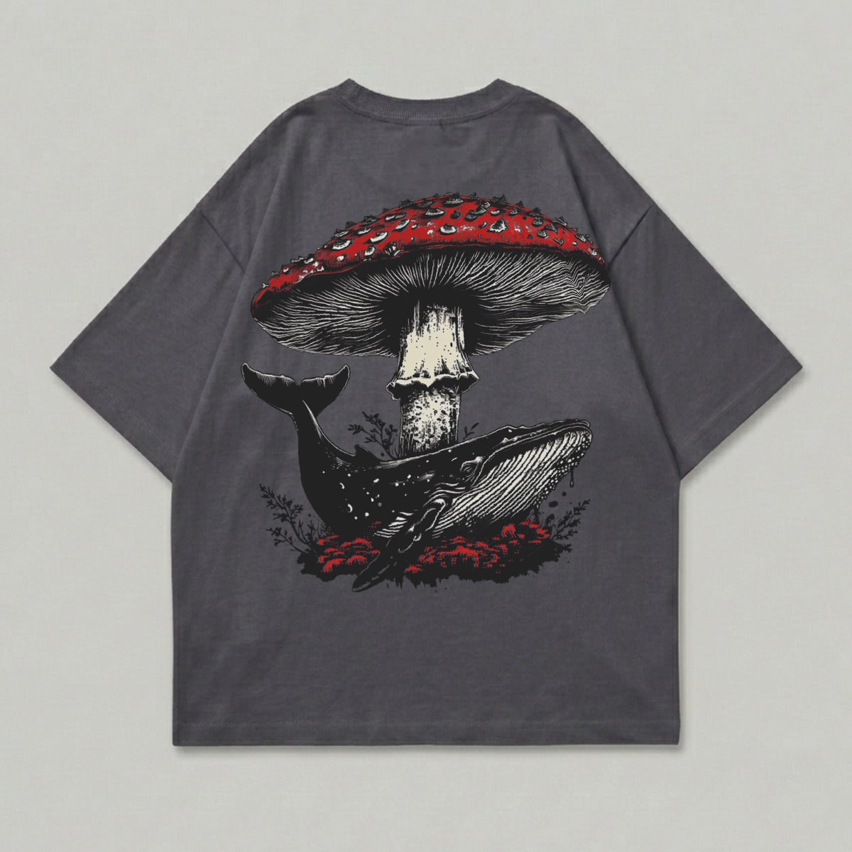 Gray t-shirt with a whale beneath a red mushroom and red foliage graphic.